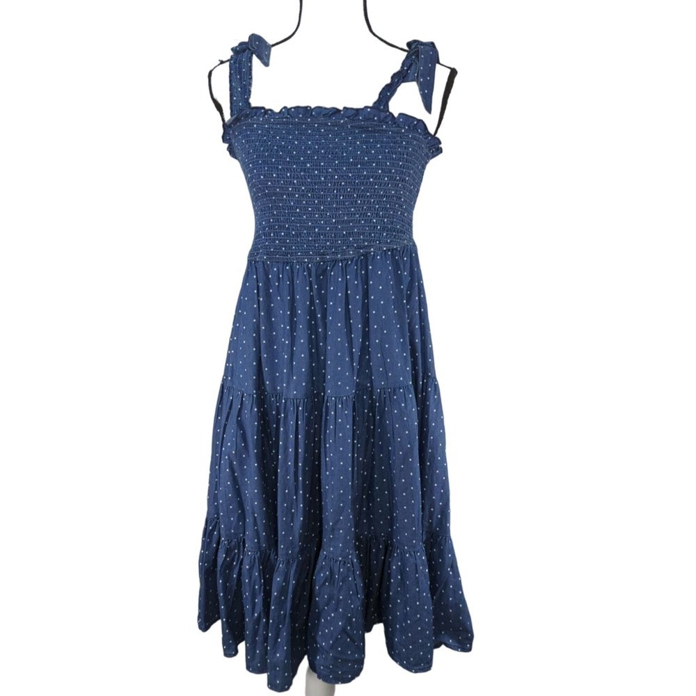 NWT J. Gee Blue Polka Dot Smocked Tie Strap Tiered Ruffle Dress Size L